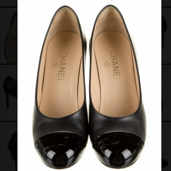 CHANEL Black Leather Cap Toe Pumps Size 37 - Picture 3 of 12